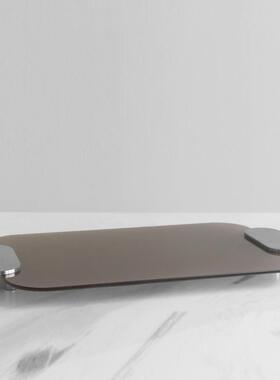 现代轻奢极简玻璃灰色托盘摆件北欧创意样板房客厅茶几桌面收纳盘