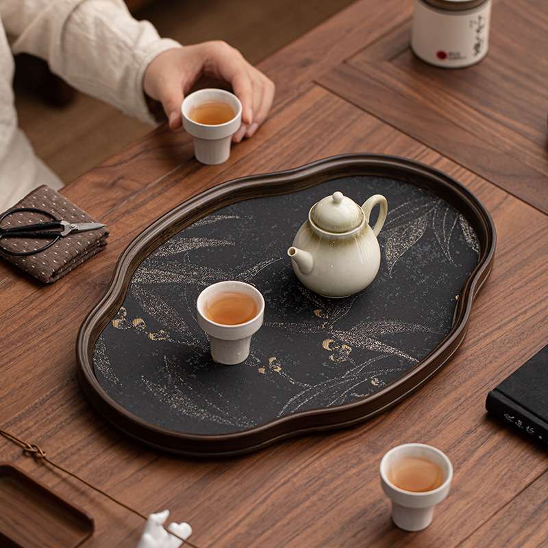 中式海棠花玻璃茶托盘竹制茶盘茶道简约家用茶室水果点心盘收纳盘