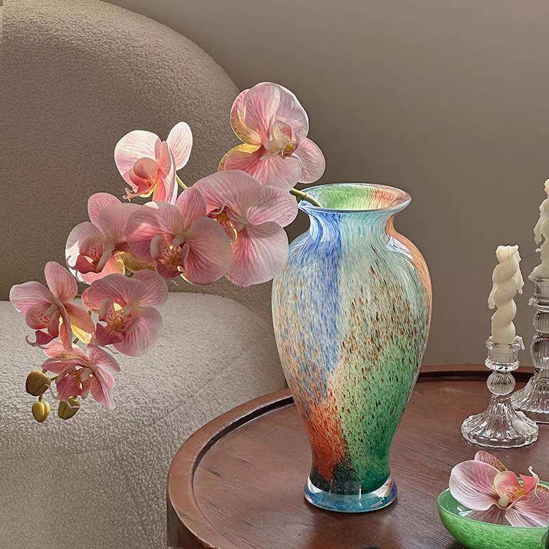 彩色玻璃花瓶 中古琉璃装饰花器高品质法式客厅餐桌插花水养