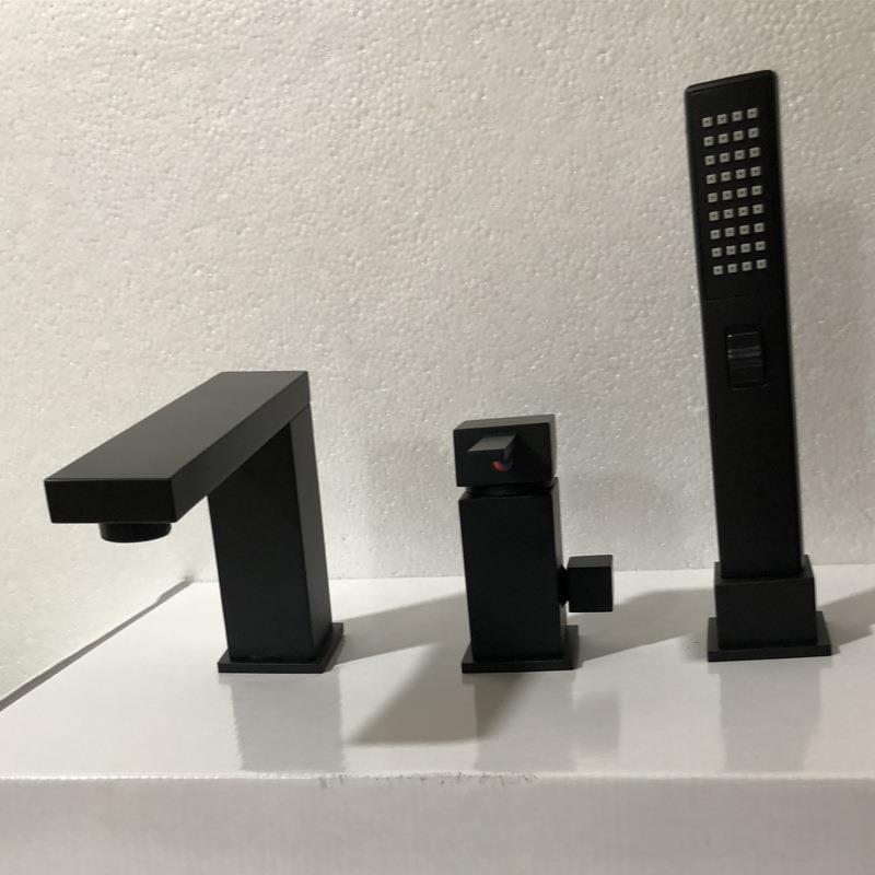 铜镀铬银色/黑色方形分体立式四孔三件套按摩浴缸龙头带转换开关