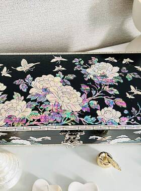 螺钿漆器首饰盒实木质红色珠宝饰品收纳盒中式复古结婚情人节