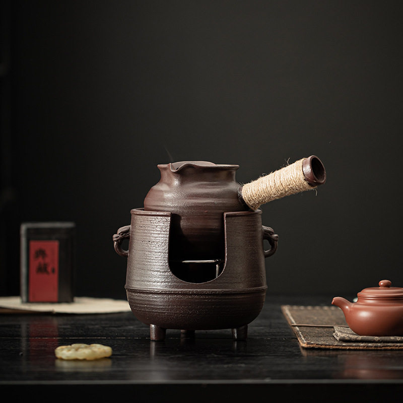 复古陶壶碳炉套装烤罐侧把壶围炉煮茶壶带过滤煮茶器粗陶明火烤茶