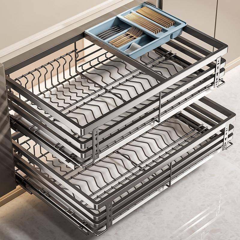 拉篮厨房橱柜抽屉式双层放装碗筷碟架不锈钢拉篮调味收纳拉蓝