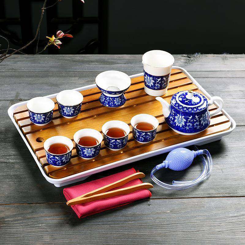 豹霖日式茶具套装茶盘整套茶壶盖碗茶杯青花瓷竹制排蓄家用简约