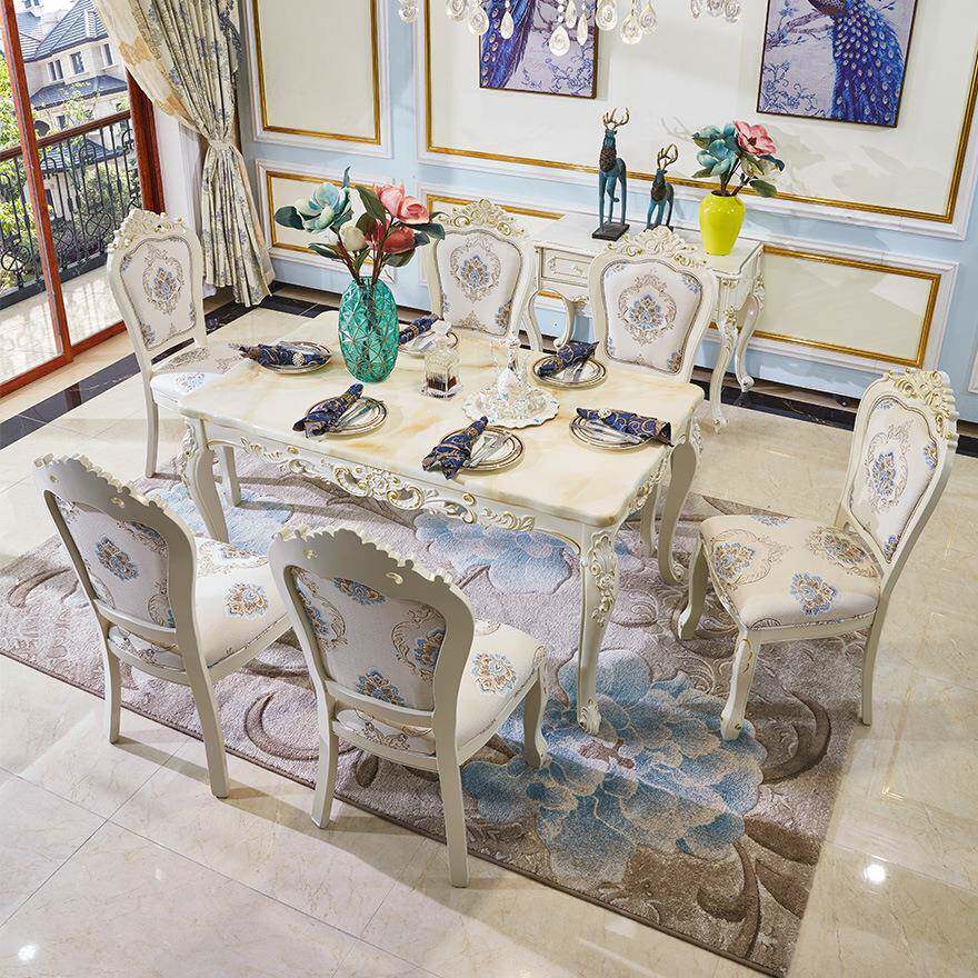 优涵欧式餐桌椅组合简欧大理石全实木餐厅家具茶几套装饭桌子