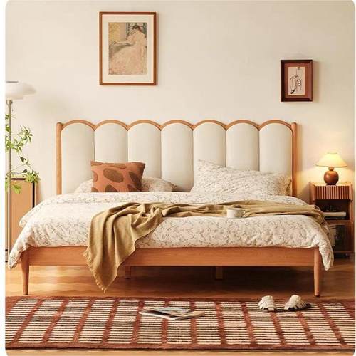 北欧日式原木奶油风实木床樱桃木软包复古1.5单人1.8米主卧双人床