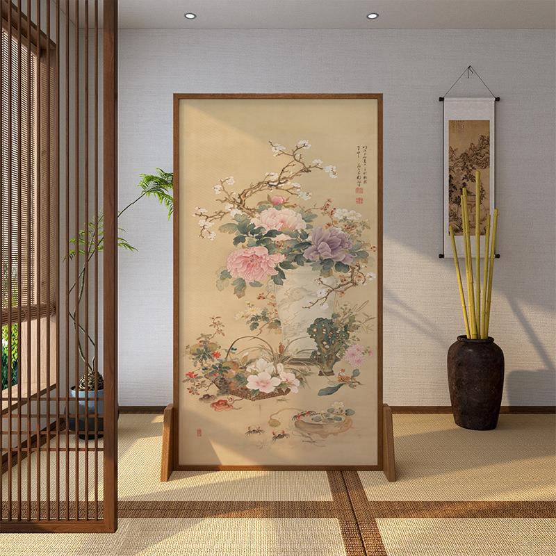 宋氏美学古典牡丹隔断屏风客厅穿堂煞遮挡入户进门玄关茶室隔挡墙