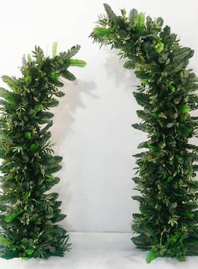 绿色仿真牛角拱门花艺婚礼宾签到装饰婚庆舞台背景绿植植物墙假花