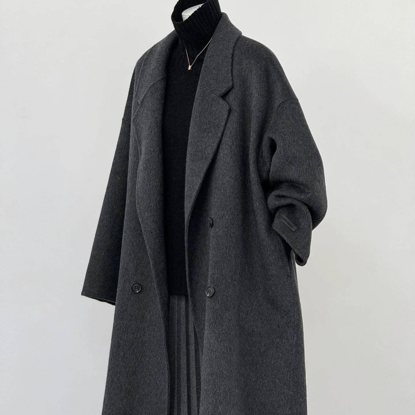 25秋冬新款黑灰色双面羊绒大衣女中长款宽松慵懒风高端羊毛呢外套