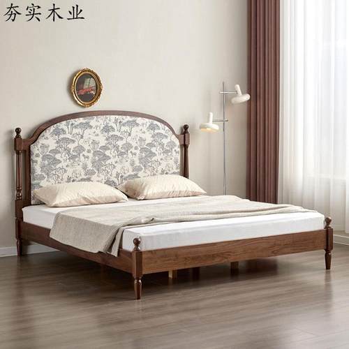 北美黑胡桃木实木复古花园软包床樱桃木原木卧室小户型简约双人床