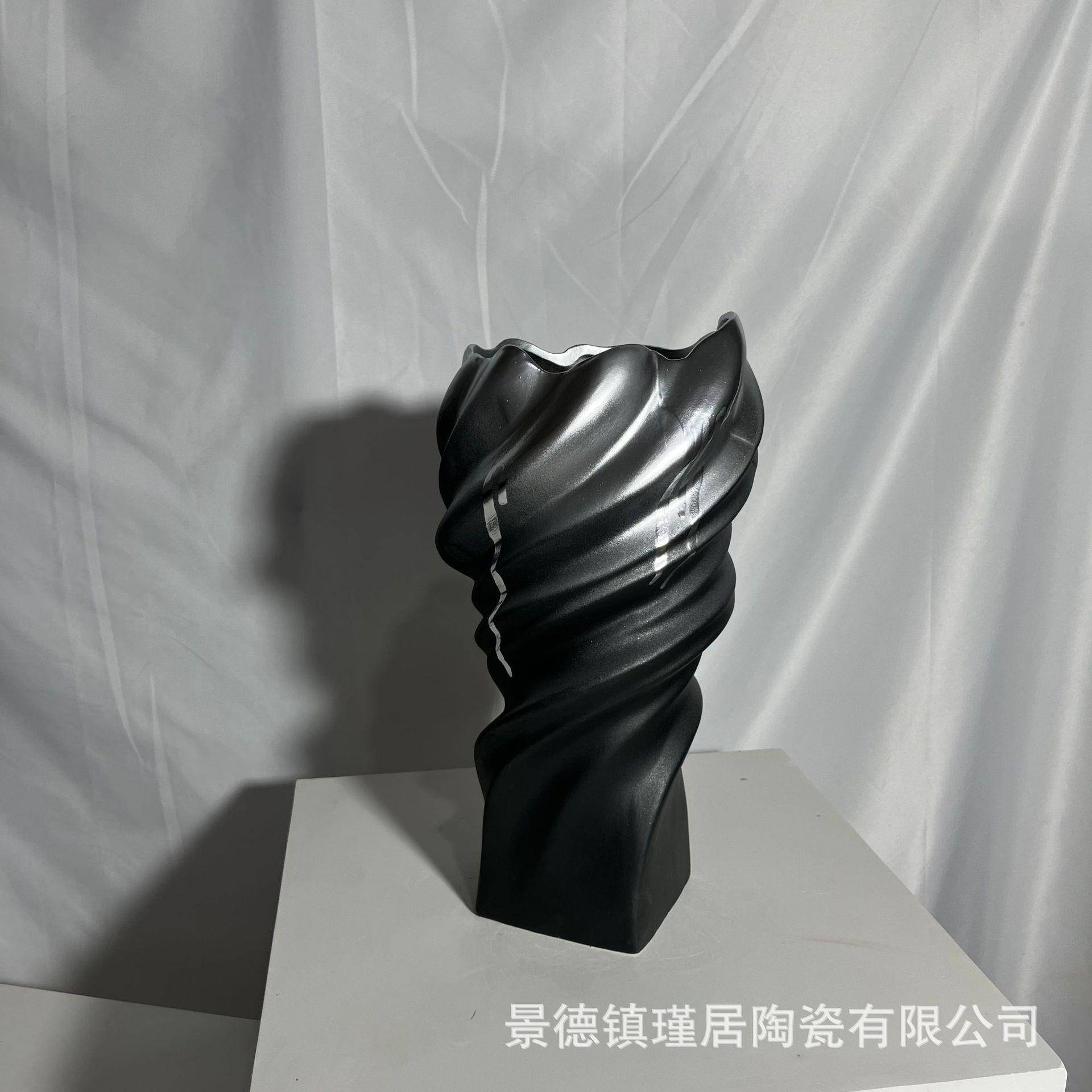 创意黑色花瓶银色流釉软装家居艺术摆件玄关客厅桌面水培花器
