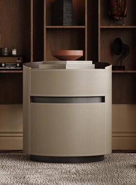 TS015意式极简马鞍皮床头柜卧室轻奢现代柜子储物收纳设计师圆形