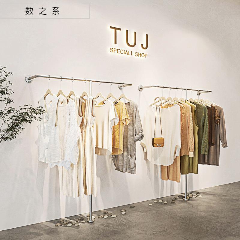 衣服架子服装店不锈钢拉丝银色上墙展示架女装店落地陈列架货架