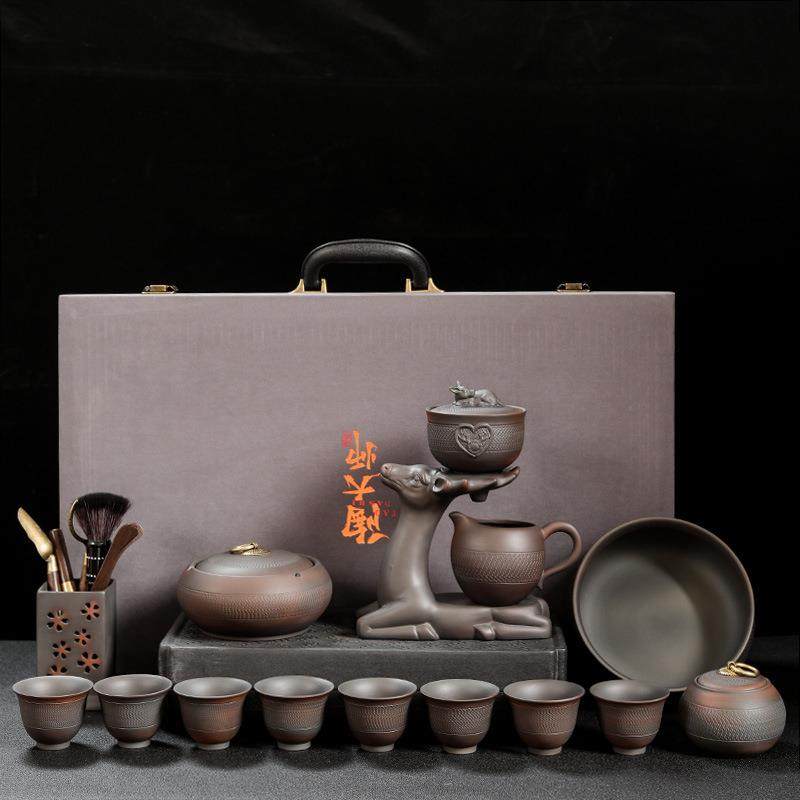紫陶茶具套装家用客厅中式复古高端陶瓷全自动茶杯石磨懒人泡茶器