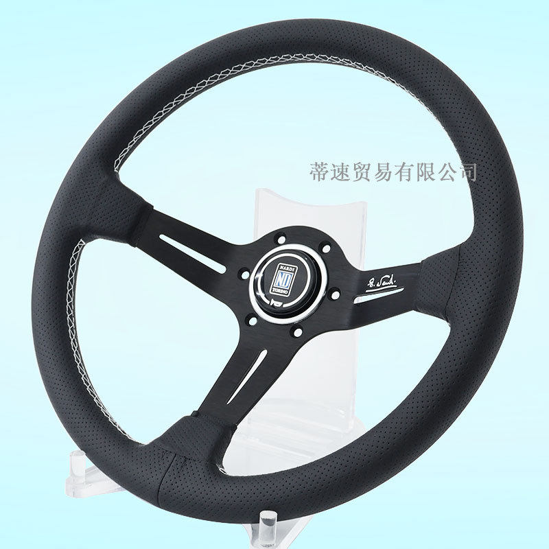 跨境热销NARDI汽车改装中凹方向盘14寸白线蓝线针孔皮方向盘通用