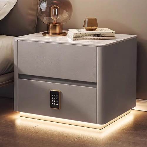 床头柜带锁奶油风卧室简约现代轻奢高级感智能感应灯床边收纳柜子