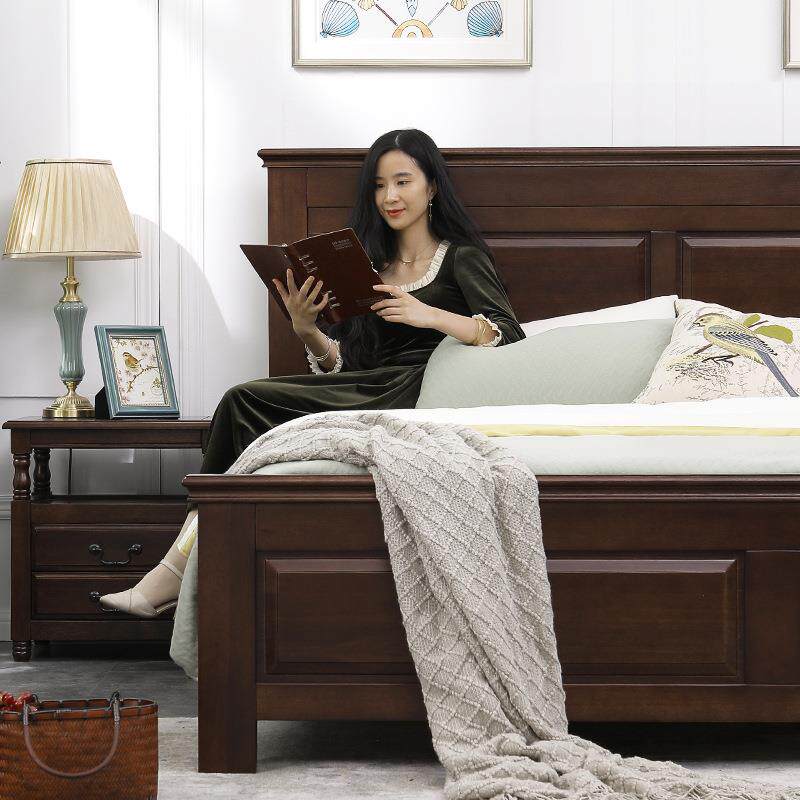 美式床核桃木全实木床简约乡村复古主卧家具高箱储物1.8米双人床