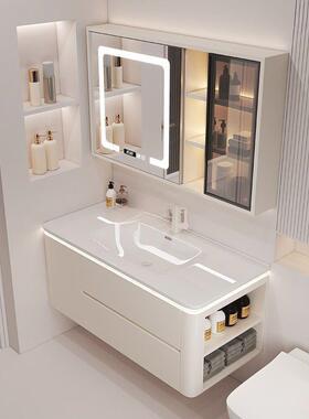 WP2简约奶油风洗手台陶瓷一体盆现代卫生间智能实木浴室柜组合洗
