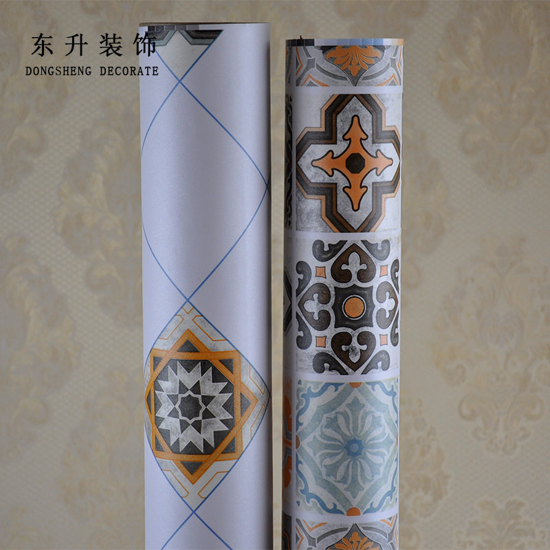 立体欧式复古pvc墙纸 自粘wallpaper 地板贴方格图案防火壁纸简约