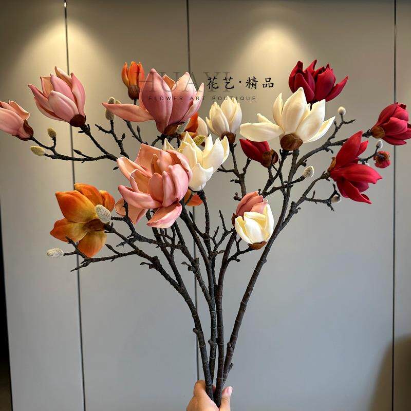 法式复古仿真玉兰花手感室内装饰落地单枝玉兰花大型商业布景花艺