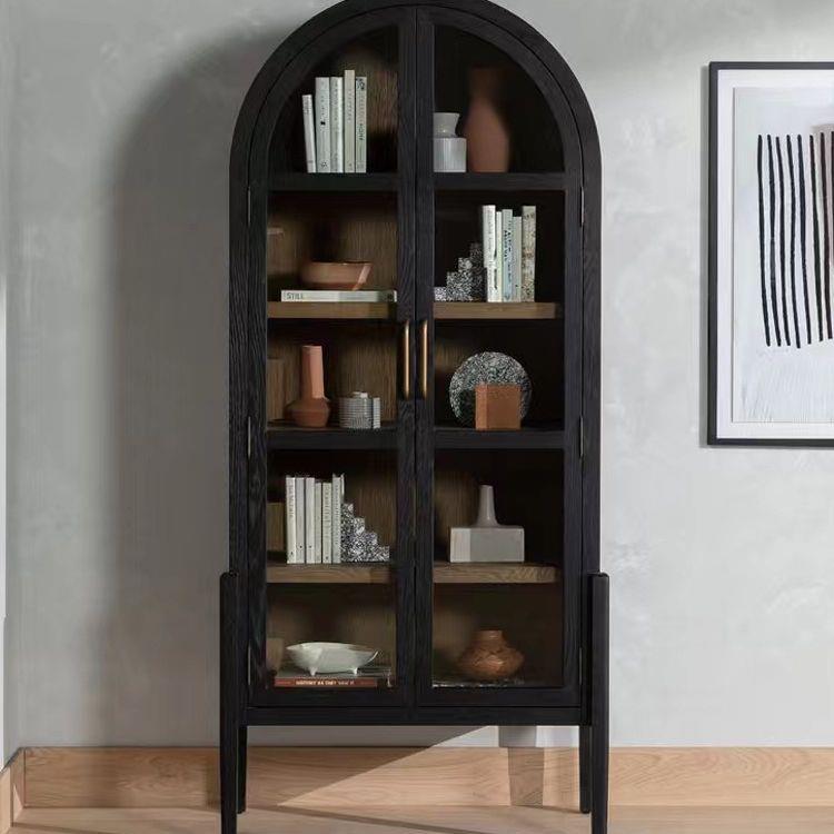 美式拱形书柜法式复古黑色简约储物柜实木玻璃门边柜可移动书架