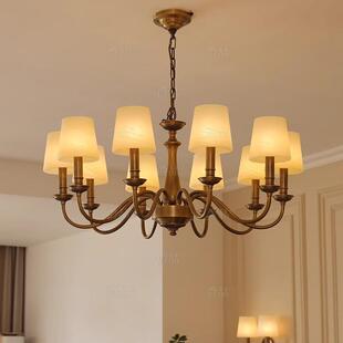 全铜美式简约客厅吊灯玻璃灯罩别墅复式楼餐厅卧室灯书房吊灯