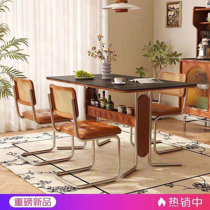 复古岩板餐桌长方形桌北欧小户型家用中古组合原木实木饭桌餐桌椅