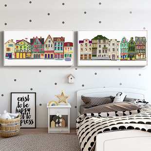 童话小镇 北欧文艺装饰画儿童房挂画建筑温馨童趣样板房间壁画
