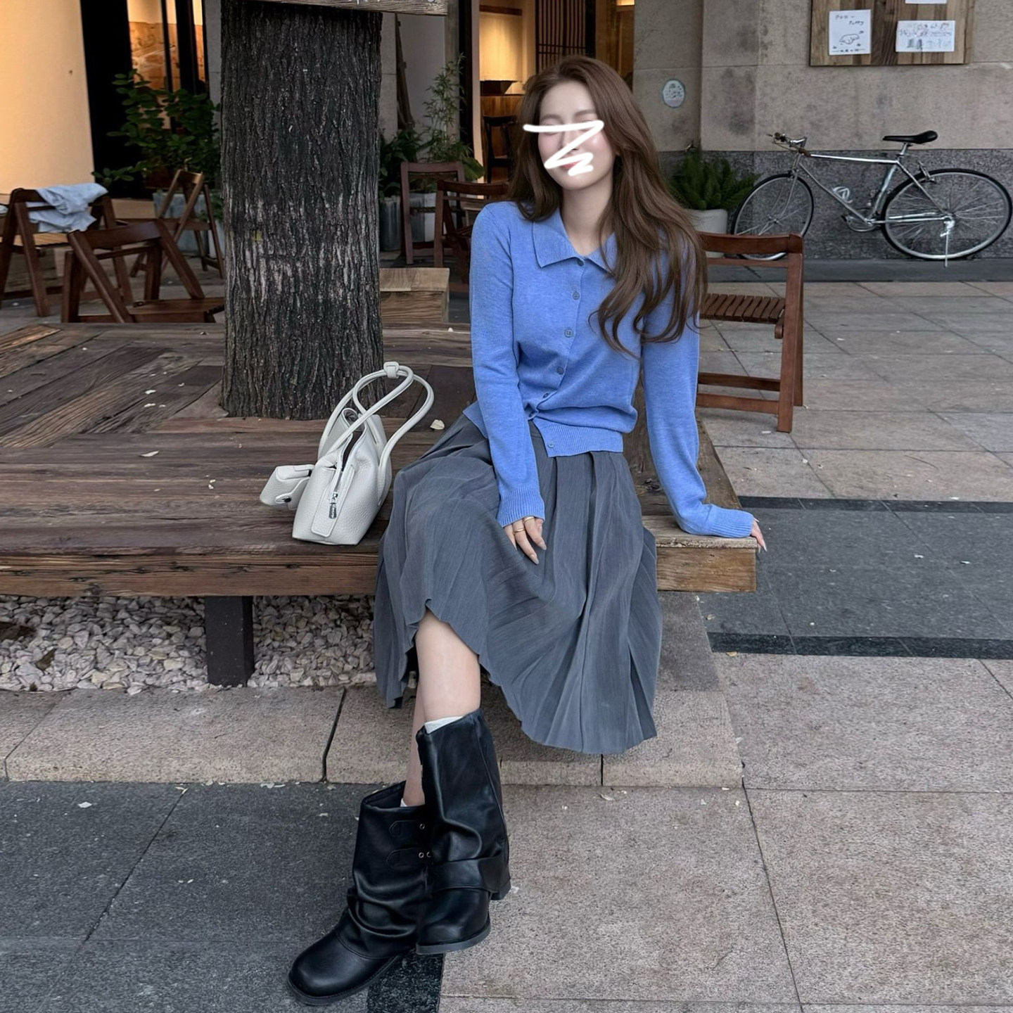 蓝色翻领针织开衫套装女2026秋冬韩系温柔风灰色百褶半身裙两件套