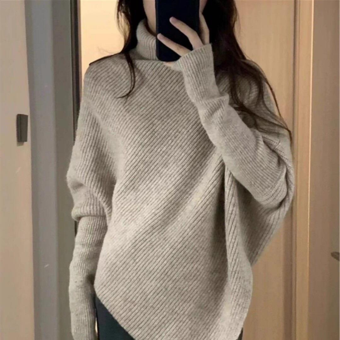 设计款不规则高领蝙蝠袖羊绒针织衫女秋冬宽松中长款毛衣翻领毛衫