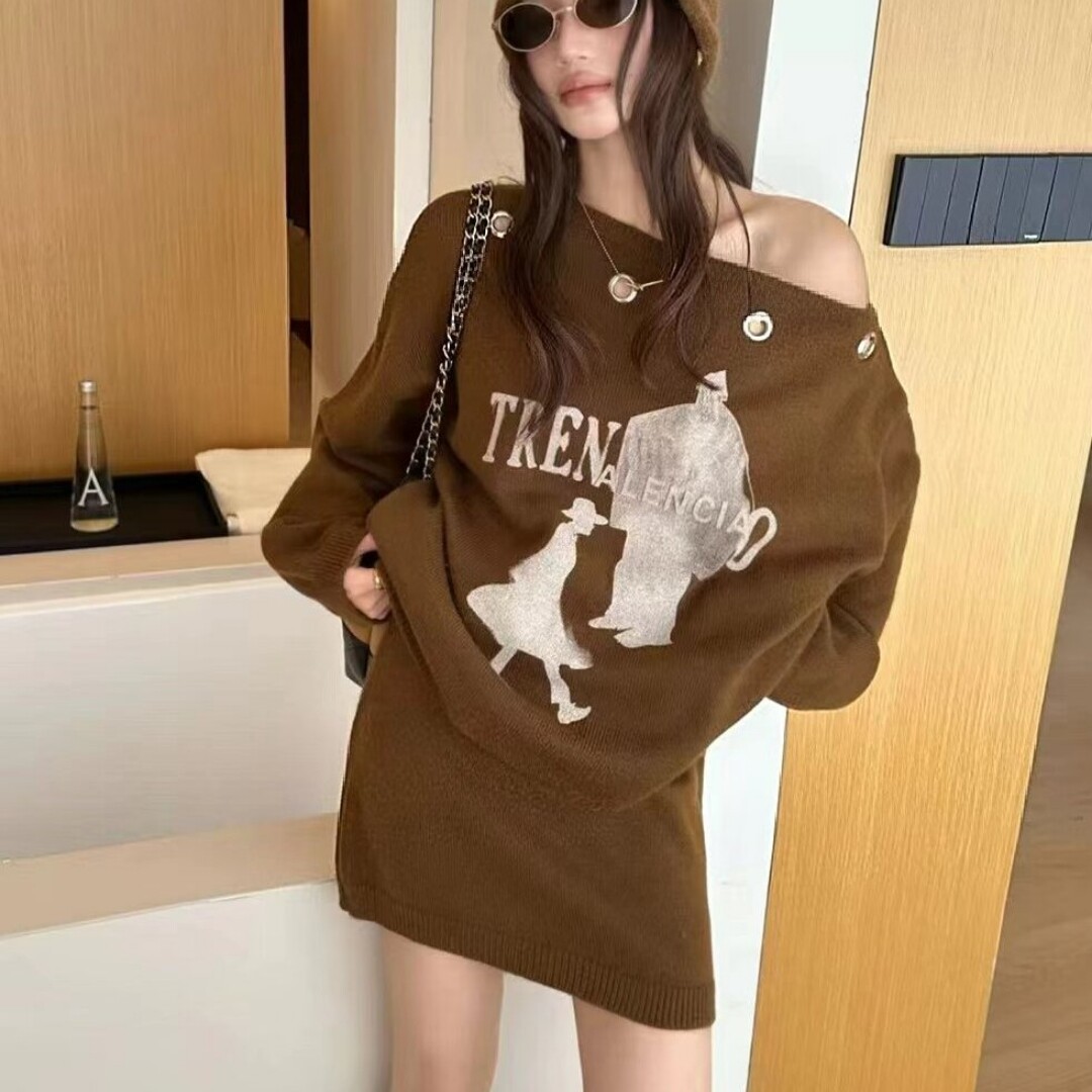 韩系辣妹斜肩印花针织衫配包臀裙两件套装女秋冬宽松显瘦时尚穿搭