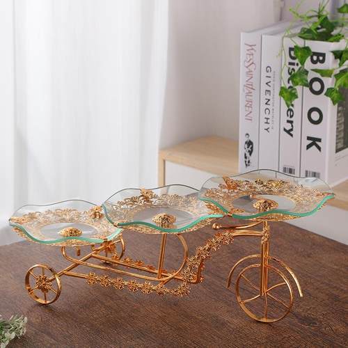 自行车模型水果盘办公室客厅家用个性铁艺钢化玻璃三层水果盘摆件