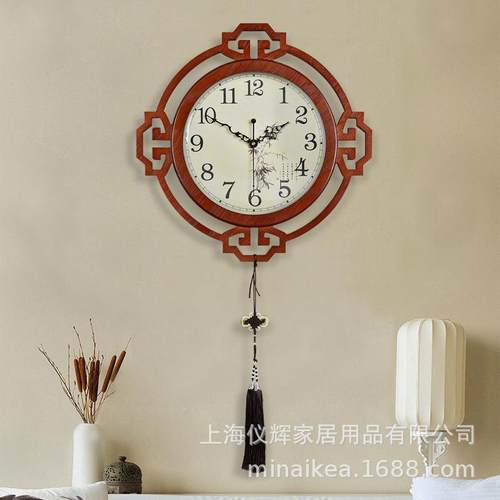 新中式客厅静音挂钟中国风装饰钟表家用创意简约艺术木质时钟