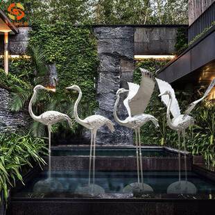 不锈钢仿真白鹭雕塑花园庭院假山水池塘水景园林景观装饰仙鹤摆件