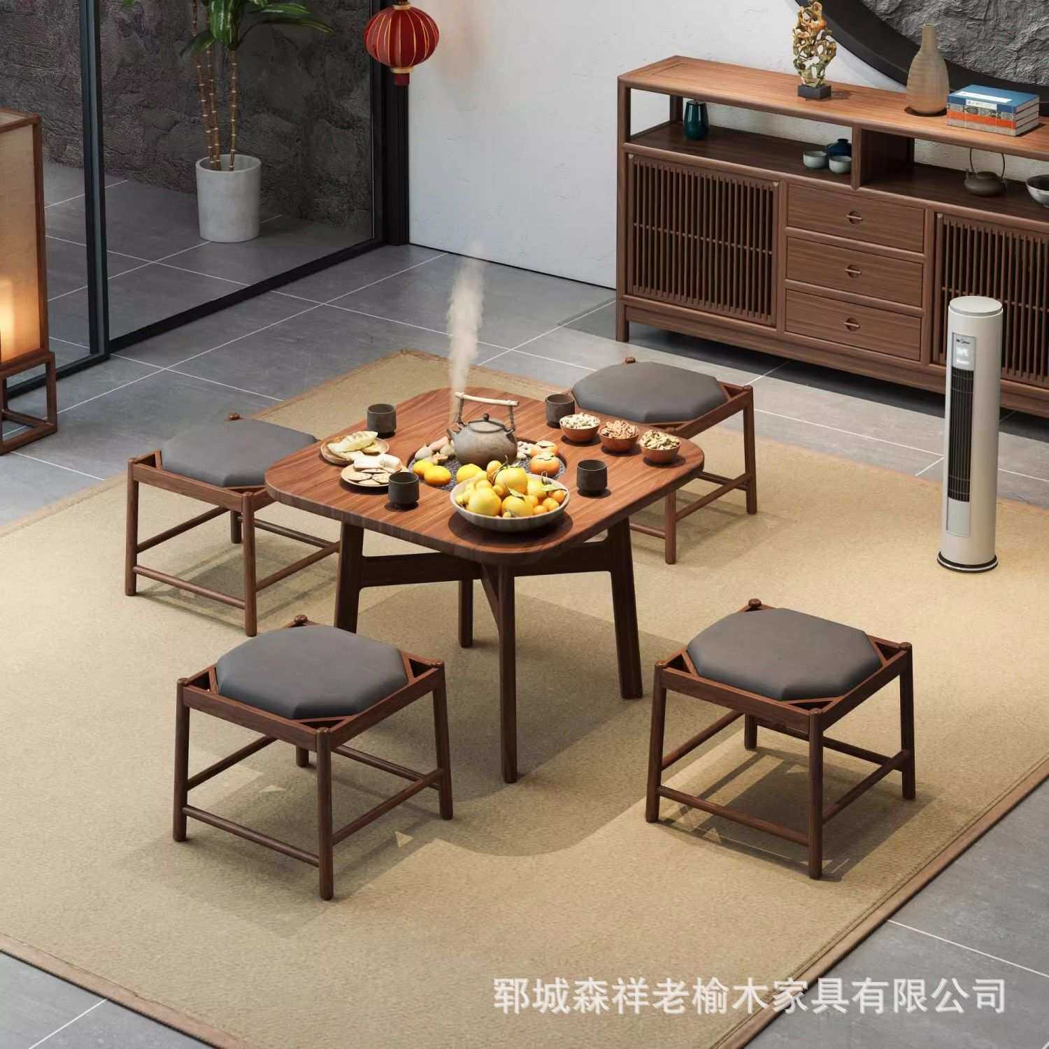 老榆木茶桌茶台户外烧烤火锅桌简约日式煮茶桌露营围炉煮茶桌