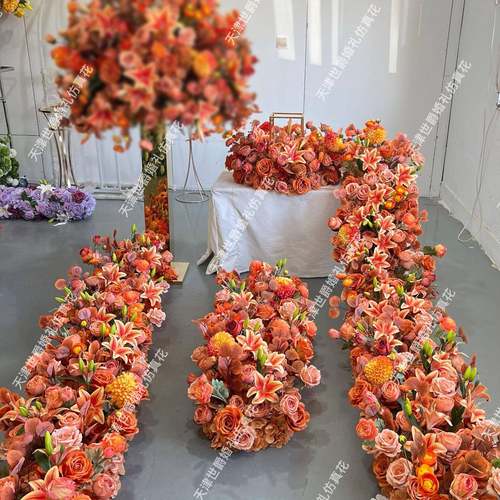 世爵新款热销婚礼堂仿真假花套系路引桌面烛台橘色圆圈花