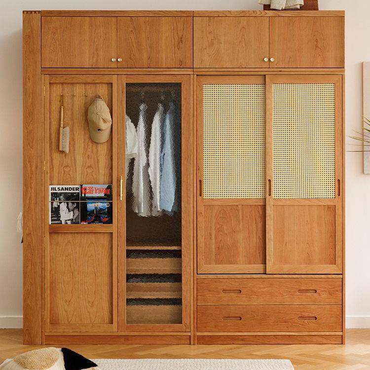日式全实木组合衣柜北欧简约樱桃木家用卧室玻璃藤编推拉门衣橱