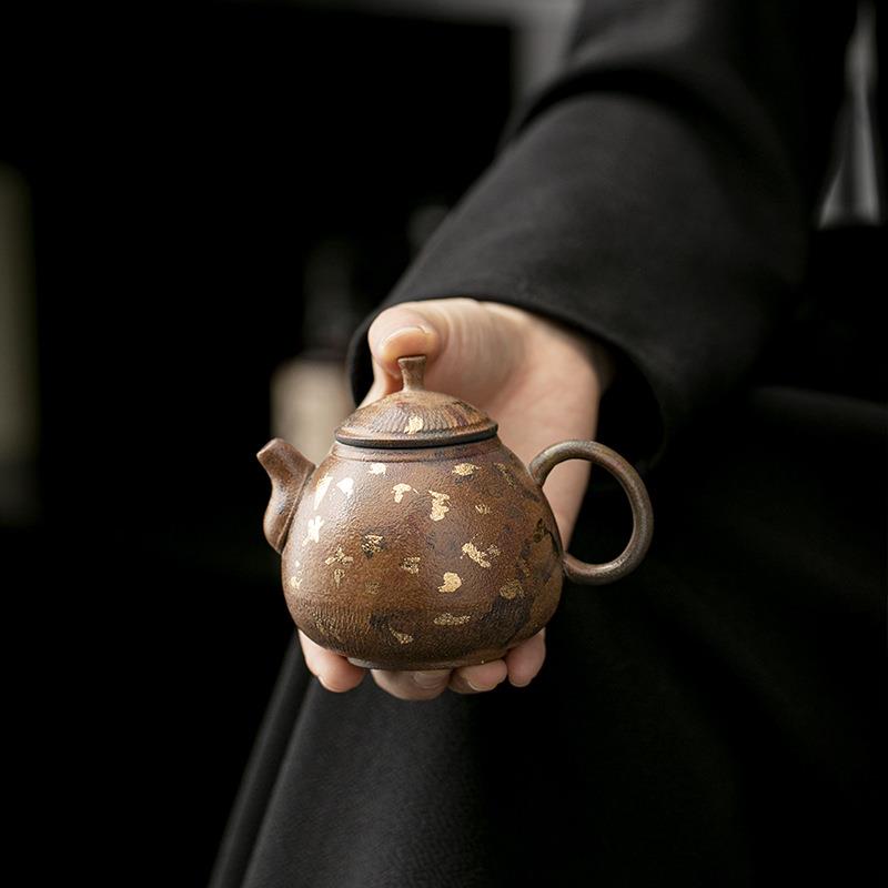 曾广旭24K鎏金水滴壶单壶粗陶创意复古手工柴烧老岩泥泡茶壶陶瓷
