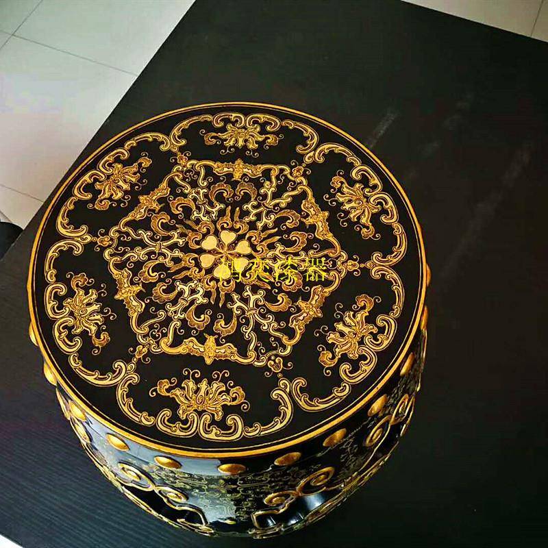 大漆漆器彩绘家具鼓凳实木圆凳中式鼓墩坐墩仿古漆器古筝茶几凳子