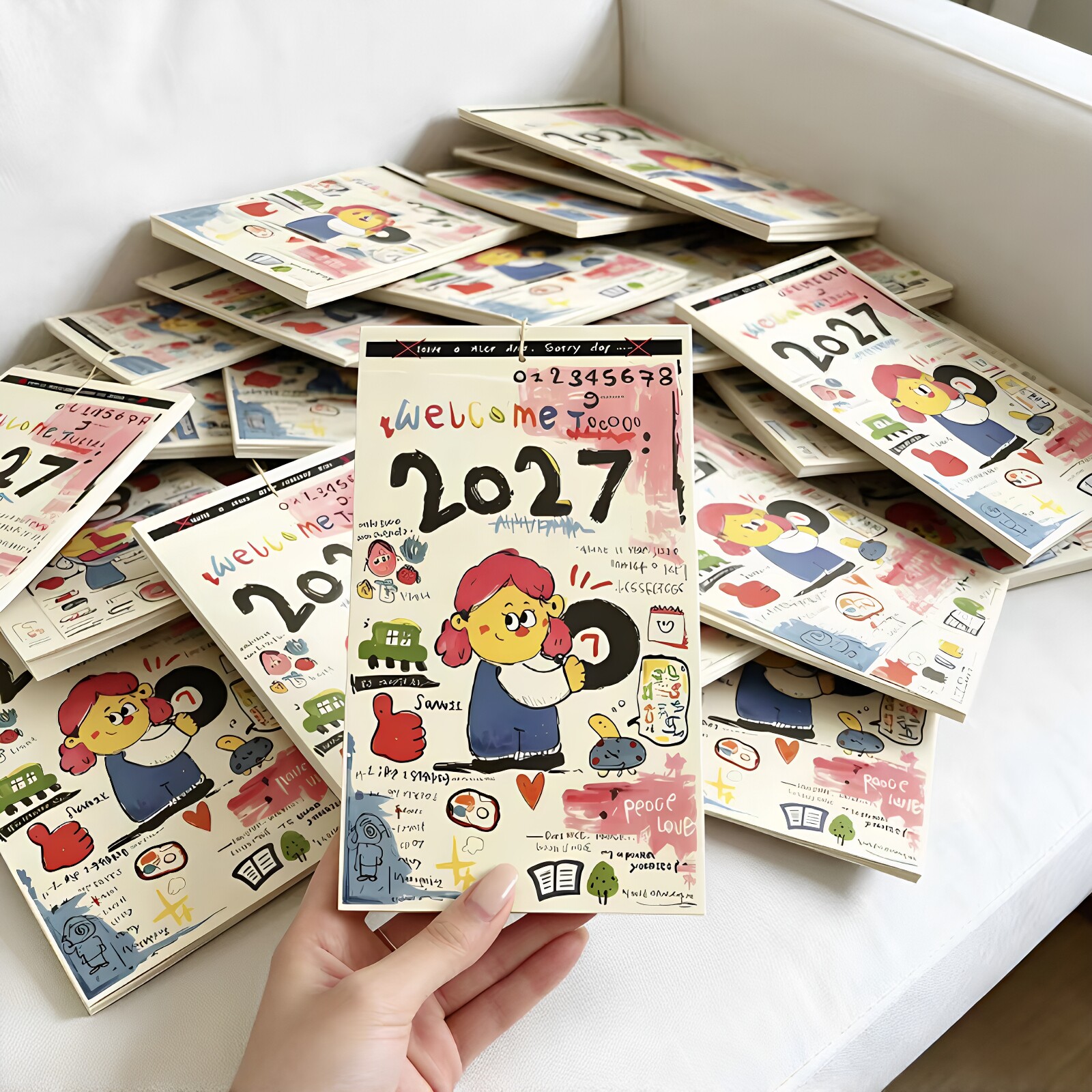 新款尼泊尔手绘涂鸦2027年台历萌趣女孩插画挂件墙面摆件客厅装饰