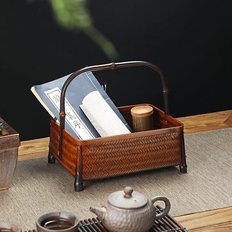 手竹工竹编大JPO漆提式篮竹筇竹紫家用收纳筐水果篮篮子中复古点