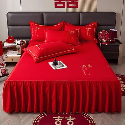 红色轻奢刺结婚庆床裙单BJU件新婚带嫁娶喜罩床单裙绣边三件套床