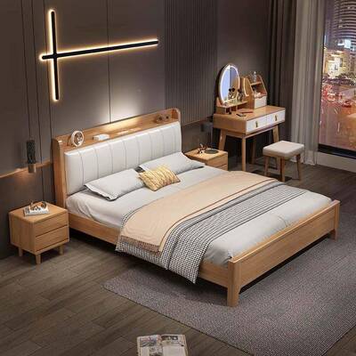 现代简约单人床实m木床带灯床1.8m家用双人床婚1.5DCQ收纳夜储物