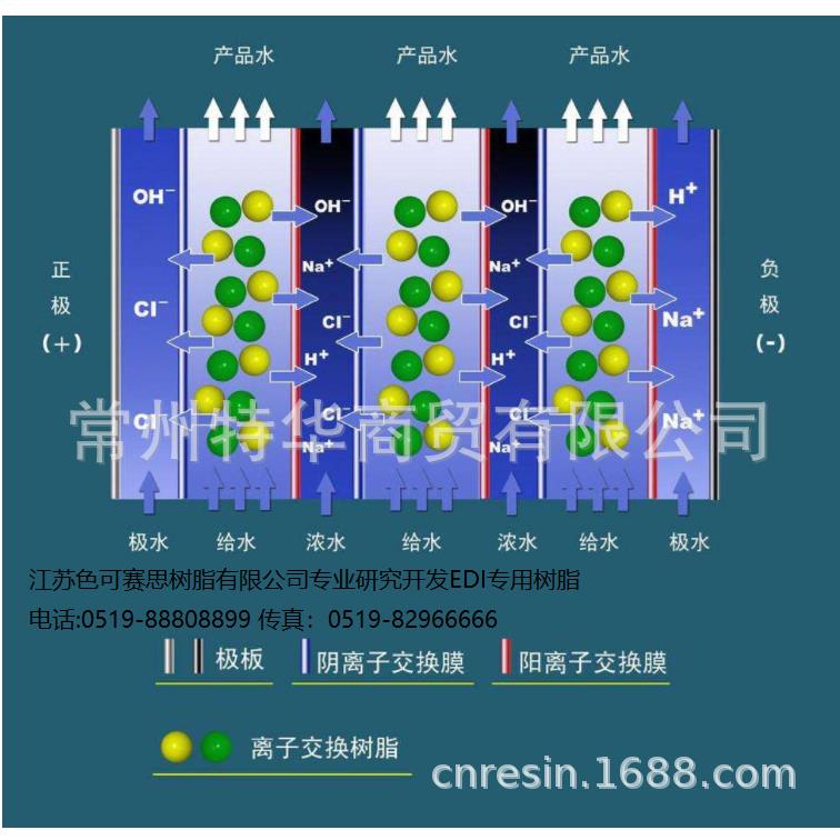 EDI装置将色可赛思离子交换树脂充夹在色可赛思阴/阳离子交换膜