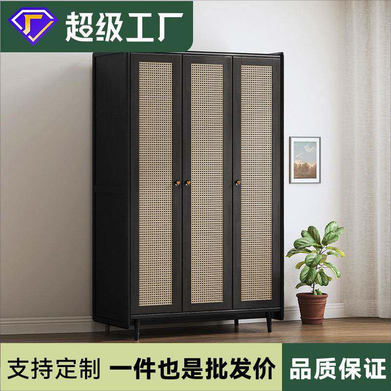 三门实木衣柜对开门小户型日式衣橱家用复古风收纳柜卧室藤编衣柜