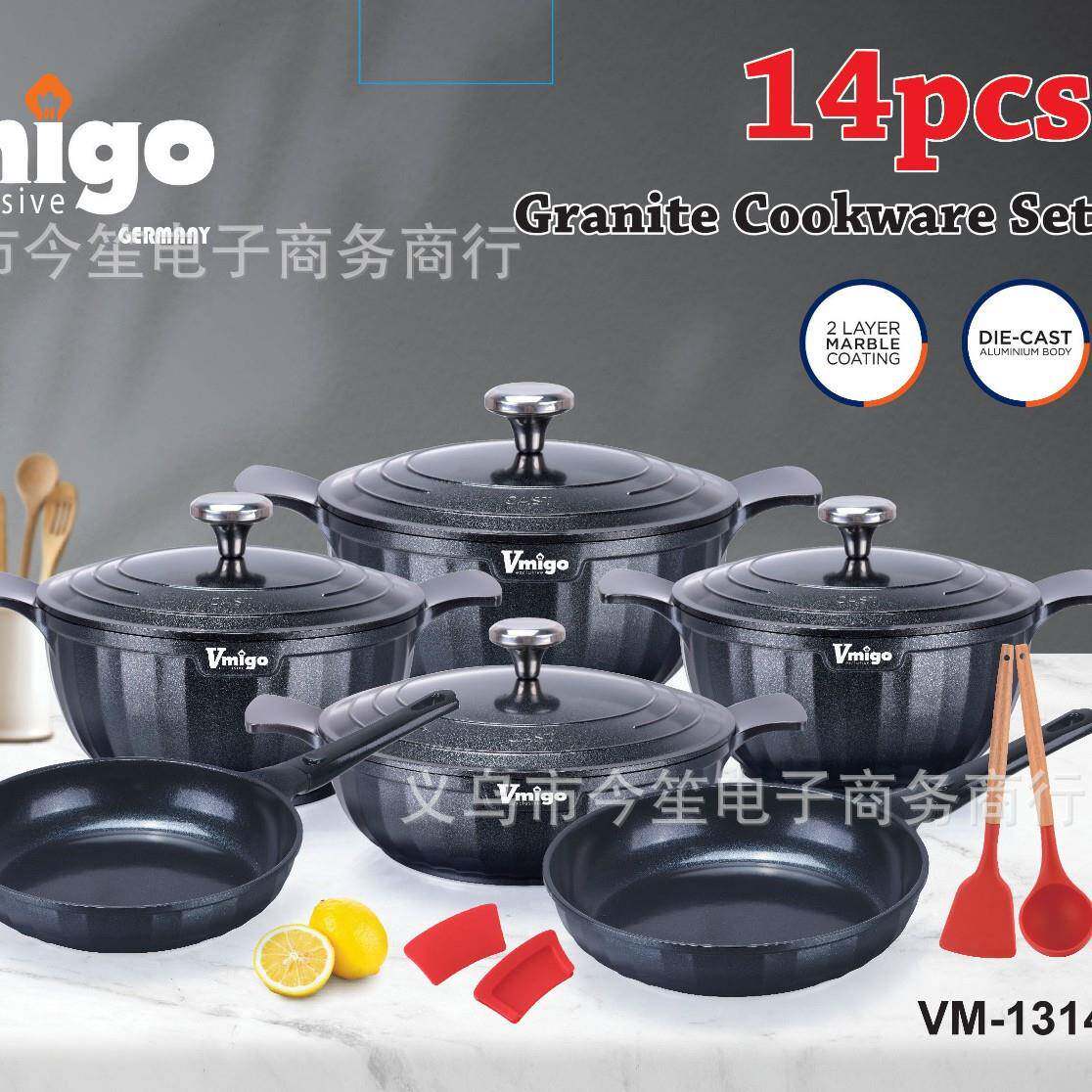 Vmigo-1314罗马14PCS锅具套装麦饭石不粘锅复厎家用厨房专用