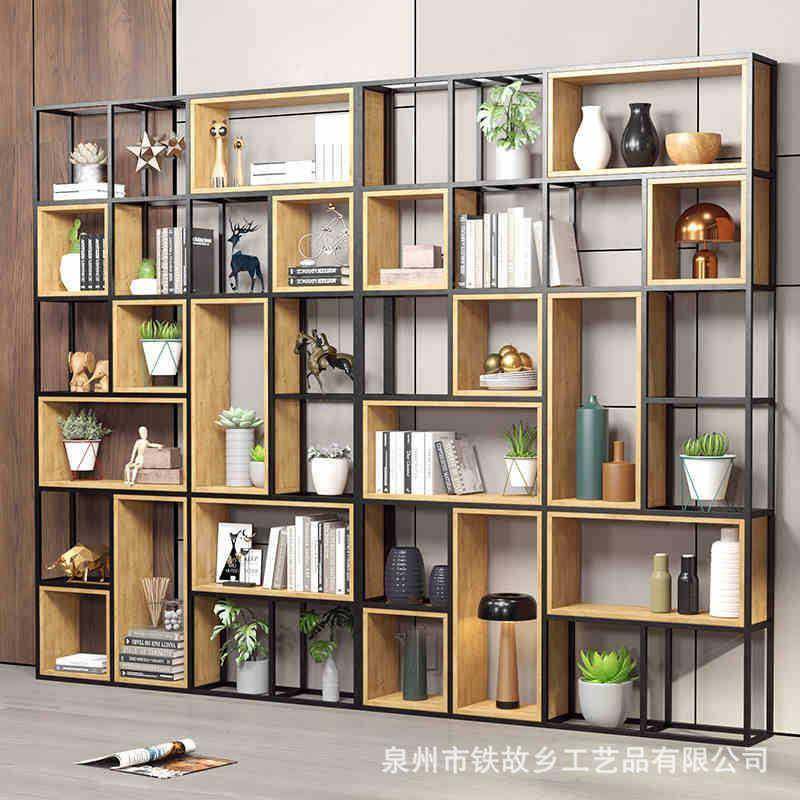 美式隔断铁艺客厅置物架简约创意玄关书架落地实木装饰展示架子