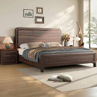 fLE新中式黑胡桃木现代简约1米8双人床1.5米主卧大床全实木储物婚