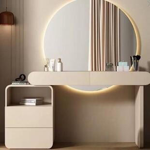 奶油风实木梳妆台现代简约烤漆卧室小户型收纳柜一体大圆镜化妆桌