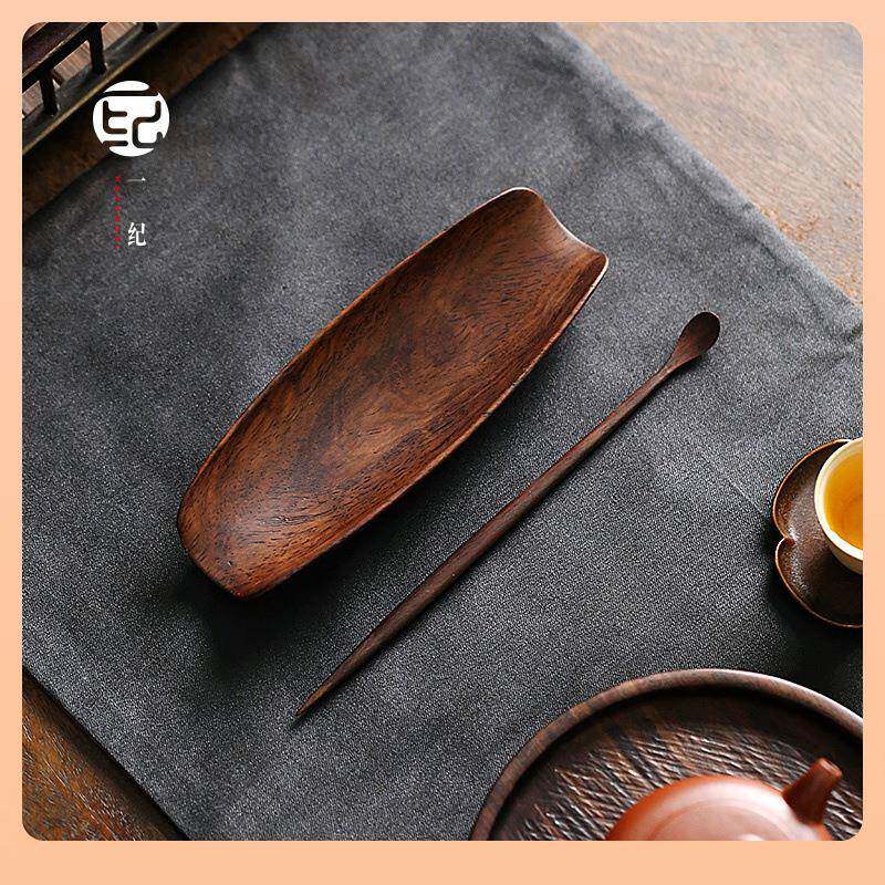 ◘手工黑檀木茶则二件套实木赏茶荷茶碟六君子茶具茶道配件茶勺